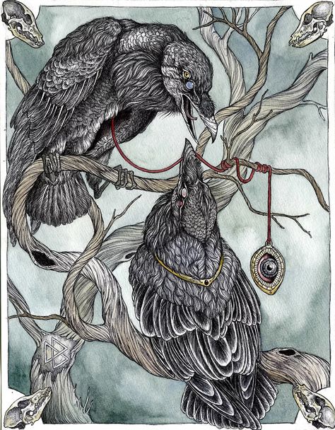 HUGINN AND MUNINN, ODIN'S RAVENS BY CAITLIN HACKETT Caitlin Hackett, Huginn And Muninn, Odin's Ravens, Crow Tattoo, Raven Tattoo, Crow Art, Raven Art, Two Birds, Wow Art