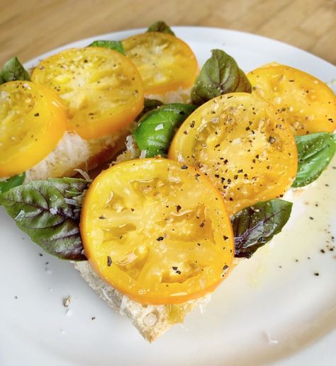 Recipe: Sunshine Tomato Toast — ToFoodies Lemon Boy Tomatoes, Saltfish Fritters, Tomato Toast, Lemon Boy, Purple Basil, Grana Padano Cheese, Tomatoes Recipes, Yellow Tomatoes, Tomato Seedlings