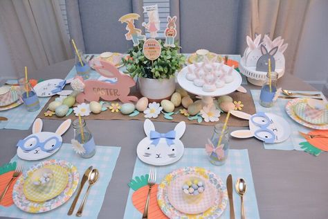 The party table! With products from Spritz (Target), Meri Meri, and My Minds Eye. Rabbit Person, Easter Gender Reveal Party, Easter Brunch Kids, Easter Kids Table, Kids Easter Table, Easter Events, Easter Brunch Table, Kids Easter Party, Creative Easter Baskets