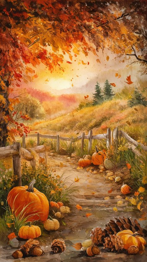 Immerse yourself in a serene autumn landscape filled with warm hues of orange and red, kissed by a golden sunset. This impressionist-style art print captures falling leaves, rustic pathways, and scattered acorns within a dreamy watercolor backdrop. Perfect for fall decor, it evokes the charm of vintage botanical illustrations and 1970s aesthetics. Ideal for art lovers and seasonal decor enthusiasts. Landscape Paintings Autumn, Fall Art Watercolor, Western Fall Pictures, Halloween Pumpkin Illustration, Thanksgiving Landscapes, Vintage Autumn Illustration, Autumn Season Drawing, Vintage Fall Aesthetic Wallpaper, Autumn Illustration Fall