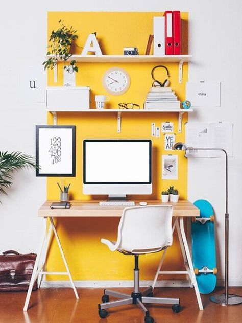 Different colours for different people? Document Frame, Home Office Colors, Cozy Home Office, Yellow Room, Yellow Living Room, Yellow Wall, Creative Workspace, Office Colors, Small Home Office