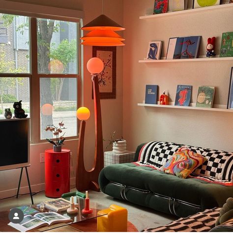 Eccentric Mid Century Modern, Maximalist Condo, Funky Mid Century Modern Living Room, Sofa Positioning Living Rooms, Eclectic Maximalist Living Room, Color Block Room, Pop Art Apartment, Maximalist Studio Apartment, Post Modern Living Room