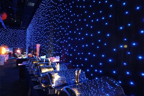 black drape events | Star Drop Show LED Curtains & Drape Rental / Purchase - Drape Kings Futuristic Party, Galaxy Party, Prom Themes, Gala Ideas, Dance Themes, Galaxy Theme, Space Party, Gala Dinner, Event Lighting