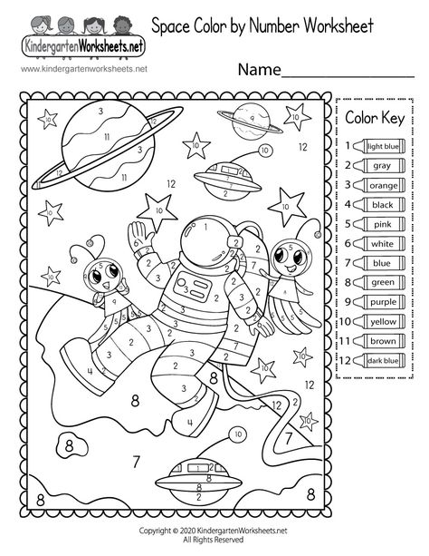 Kids can color funny aliens, planets, stars, spaceships, and an astronaut floating in outer space in this free color by number worksheet. Children can practice identifying numbers 1-12 while developing their fine motor skills. This fun printable activity is also a great way for students to learn about what items belong in space. Space Color By Number Free, Space Theme Worksheets, Astronaut Coloring Page Free Printable, Planet Worksheets Free Printable, Space Coloring Sheets Free Printable, Color By Words Free Printable, Space Worksheets Kindergarten, Coloring Numbers Free Printable, Space Printables Free