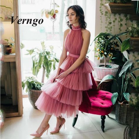 Verngo 2021 Wedding guest dress tulle a line high neck tea length sleeveless tiered maxi dress for women party bridesmaid gown _ - AliExpress Mobile Vestidos Para Baby Shower, Lace Maternity Gown, Art Islamic, Ayatul Kursi, Dusty Rose Dress, Mauve Dress, Elegant Dresses For Women, Tea Length Dresses, Bridesmaid Gown