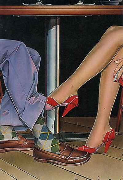 1980 PAPER MOON GRAPHICS - 'FOOTSIE' by Dennis Mukai  (08/12/2014) Pinup Wallpaper, Pin Up Aesthetic, Arte Pin Up, 50s Art, 1950s Art, Vaporwave Art, Dorm Art, Paper Moon, Romance Art