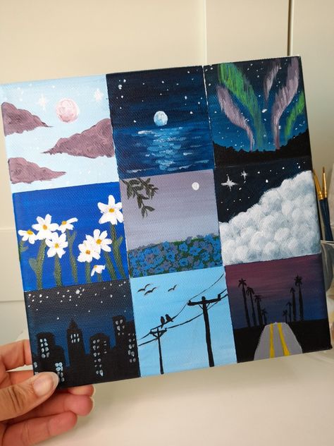 Moodboard acrylic paint Painting Ideas Mood Board, Easy Moodboard Painting, Moodboard Acrylic Painting, Asthetic Paintings Easy On Paper, Asthetic Paintings Canvases, Painting Mood, Dance Crafts, Canvas Art Painting Acrylic, Night Sky Art