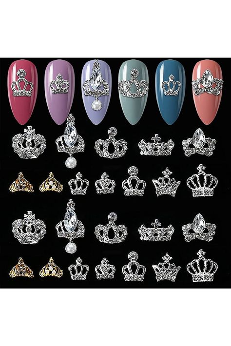 SILPECWEE 24pcs Crown Nail Charms 3D Silver Gold Nail Jewels Curve Nail Rhinestone Crystal Gems Hollow Nail Studs Charms for Nails Alloy Nail Decorations DIY Nail Art Accessories Crown Nail Art, Charms For Nails, Crown Nails, Nails Charms, Nail Studs, Curved Nails, Nail Jewels, Gold Nail, Nails Winter