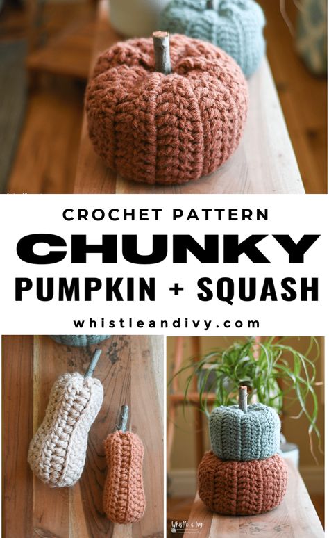 Ready to add some cute vegetables to your fall decor? This darling set includes a pattern for both a chunky crochet pumpkin and crochet squash! Both patterns are very easy and perfect for a crochet beginner. Work with either one strand or two to create a different texture. #crochetpumpkins #easycrochet #easycrochetpumpkins #crochetforfall #fallcrochet #quickcrochetdecor #fastcrochet #chunkycrochet #crochetpumpkinpattern #crochetsquash #crochetsquashpattern Crochet Squash, Chunky Crochet Pumpkin, Cute Vegetables, Quick Crochet Gifts, Crochet Beginner, Fast Crochet, Fall Crochet, Fall Crochet Patterns, Cozy Crochet Patterns