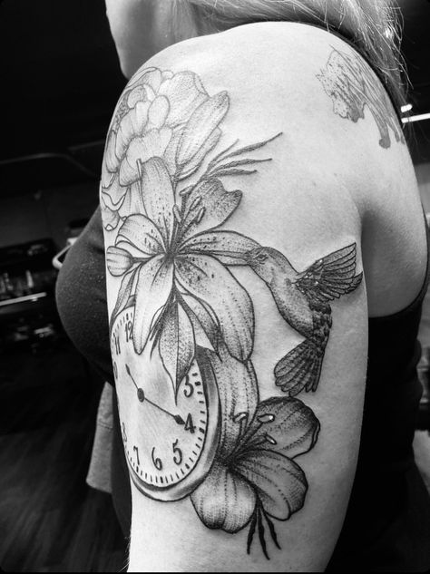 Hummingbird flower clock tattoo Lily Flower With Hummingbird Tattoo, Flower Hummingbird Tattoo Half Sleeves, Hummingbird And Clock Tattoo, Flower Sleeve With Hummingbird, Hummingbird Tattoo With Flowers Half Sleeves, Hummbird And Flower Tattoo, Lilly Flower Tattoo, Hummingbird Skull, Lillies Tattoo