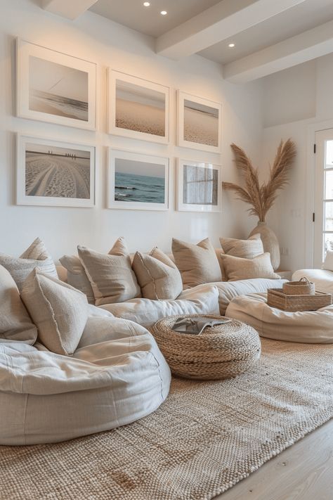 Beachy Interior Design, Costal Interior Design, Modern Coastal Living Room Ideas, Coastal Living Room Ideas, Bungalow Living Room, Living Room Setting, Modern Coastal Living Room, Modern Beach Decor, Bohemian Living Room Decor