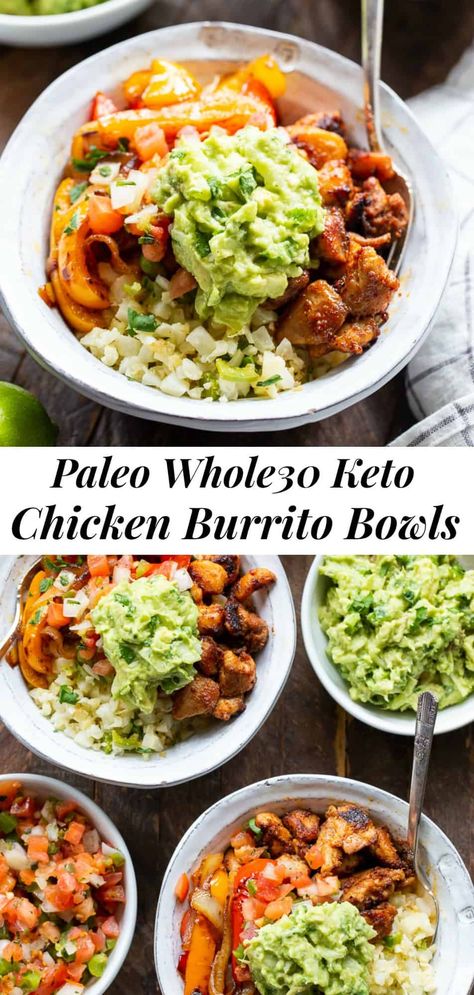 These Paleo Chicken Burrito Bowl are packed with tons of flavor and goodies!  Bite size seasoned chicken thighs, zesty cauliflower rice, pepper and onions plus and easy guac make these bowls healthy, filling, and a family favorite.  Whole30 and keto friendly. #whole30 #paleo #keto #burritobowls Paleo Bowl, Keto Burrito, Seasoned Chicken Thighs, Pepper And Onions, Bowls Healthy, Paleo Running Momma, Chicken Burrito Bowls, Easy Whole 30 Recipes, Whole30 Keto