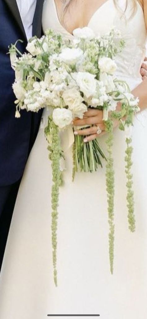 Hanging Bridal Bouquet White, Wedding Bouquets Long Stem, Green Amaranthus Wedding, White Fall Wedding Bouquets, All White Bouquet Wedding, Amaranthus Bouquet, Organic Bridal Bouquet, European Countryside, White Bridal Bouquet