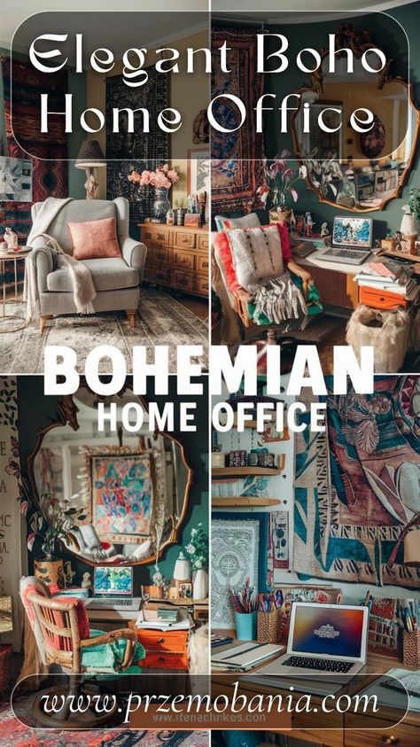 Create a bohemian home office that combines functionality with style. Use chic bohemian decor, cozy room decor, and vintage pieces to make your workspace unique. Add boho lamps and a boho wall for a warm, inviting atmosphere. This boho chic home office is perfect for sparking creativity and maintaining productivity. #bohemianhomeoffice #chicbohemiandecor #bohostyleinteriordesign #vintage #boholamps #bohowall #bohochichomeoffice #homeoffice #cozyroomdecor #bohemianstyle Modern Eclectic Home Office, Home Office Boho Chic, Boho Chic Home Office, Bohemian Office Space, Boho Office Space Workspaces, Colourful Home Office, Boho Office Room, Eclectic Office Decor, Chic Bohemian Decor