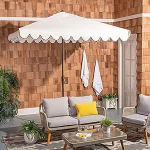 Safavieh PAT8410E Outdoor Venice White and Black 7'6" Square Crank UV Protected Umbrella White Umbrella, Modern Boutique, Outdoor Retreat, Beach Umbrella, Market Umbrella, Scalloped Trim, Outdoor Umbrella, Patio Umbrellas, Resort Style