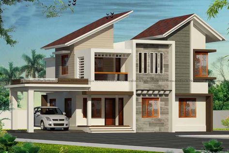 This 4BHK home design with splendid exterior view constructed in a area of 1750 sq ft , required land area is 6 cent land plot. Estimated construction cost is 32 lakh.Mixed roofing style is used here, slope, gable, flat roofs are mainly used in this design. Porch is designed with three thick pillars along with flat roof, in between the parapet we can see railing pipe design with open terrace. Sit out us attached to the porch, open style normal sized sit out supported with a thick pillar. Flat And Slope Mixed Roof Design, Parapet Wall Design Terrace, Land Plot, Open Terrace, Roof Shapes, Terrace Decor, Building House Plans Designs, Building House, Gable Roof