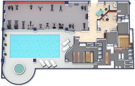 Fitness Center With Pool Pool And Gym Design, Cafe Floor Plan Layout, Gym Layout, Cafe Floor Plan, Gym Architecture, Gym Design Interior, House Gym, Medical Office Design, Yoga Studio Design