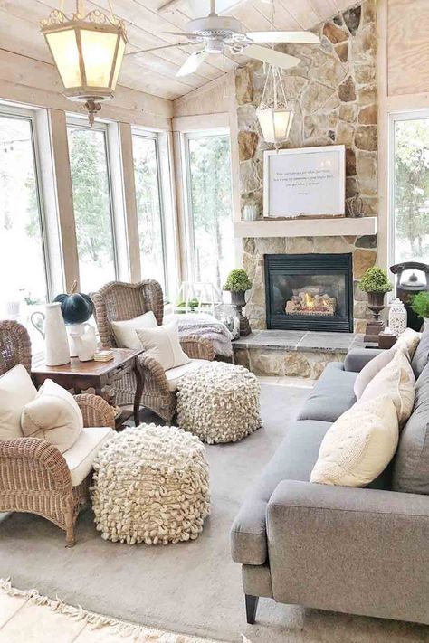 I like the ottoman that doesn't match the armchair. Sunroom With Fireplace, Rustic Sunroom, Small Sunroom, Four Seasons Room, Sunroom Furniture, Sunroom Ideas, Sunroom Decorating, Sunroom Designs, Room Additions