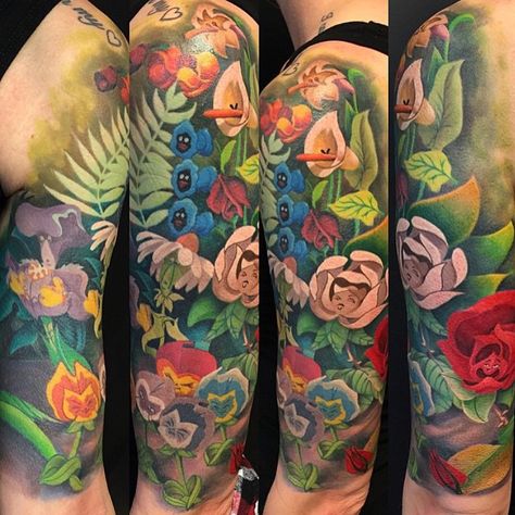 AMAZINGLY Alice in Wonderland sleeve done by @nickfriederich_amf #inkeddisney Wonderland Tattoo Sleeve, Alice In Wonderland Tattoo Sleeve, Pansy Tattoo, Alice In Wonderland Tattoo, Alice And Wonderland Tattoos, Alice In Wonderland Flowers, Tattoo Flowers, Wonderland Tattoo, Disney Merch