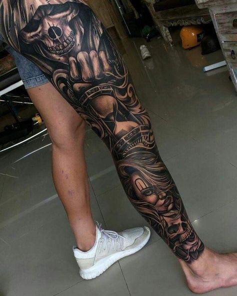 40 Tattoo, Mangas Tattoo, Best Leg Tattoos, Chicano Tattoos Sleeve, Full Leg Tattoos, Skull Sleeve Tattoos, Skull Sleeve, Gangsta Tattoos, Chicano Style Tattoo