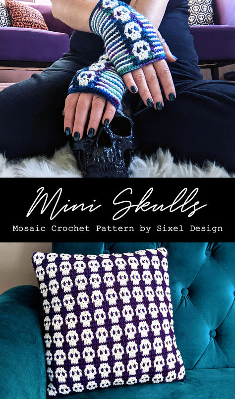 This pattern includes instructions for creating a mini skulls pillow and written instructions for making custom fit hand warmers. A full YouTube video tutorial for the hand warmers is also available and linked in the pattern. You can also use the chart to create anything from blankets to bags, apparel and more!  #mosaiccrochet #crochetpattern #skullcrochet #easyskullcrochet #easymosaiccrochet #gothcrochet #skulls #handwarmers #sixeldesign Skull Hand Warmers, Hand Warmers Pattern, Knit Halloween, Overlay Mosaic Crochet, Diy Screen, Skull Pillow, Diy Screen Printing, Crochet Pillow Pattern, Mosaic Crochet