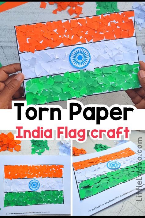 Torn Paper India Flag Craft Independence Day Preschool Crafts, International Day At School Ideas India, Republic Day Activity For Kindergarten, Flags Preschool Activities, Flag Activity For Preschool, Indian Flag Craft For Kids, Independence Day Ideas For Kids, Independence Activity For Kids, Independence Day Kids Activities