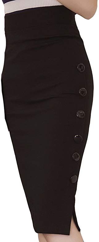 TEERFU Womens Plus Size Slim Pencil Skirt Bodycon Stretch Work Skirt High Waist Knee Length Button Detail Skirt Black: Amazon.co.uk: Clothing Best Plus Size Outfits, Aline Midi Skirt, Layering Cardigan, Skirt Bodycon, Work Skirt, Plus Size Jackets, Fall Fashion Casual, Jeans Plus Size, Badass Style