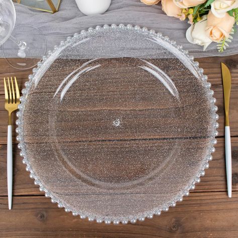 Explore our 6-pack of 12" clear silver acrylic plastic beaded rim charger plates. Perfect for enhancing your dining experience. ✓ Buy now! Acrylic Charger Plates, Silver Charger Plates, Charger Plates Wedding, Green Kitchen Accessories, Wood Chargers, Belle Birthday, Plate Decor, Glitter Acrylic, Glitter Acrylics