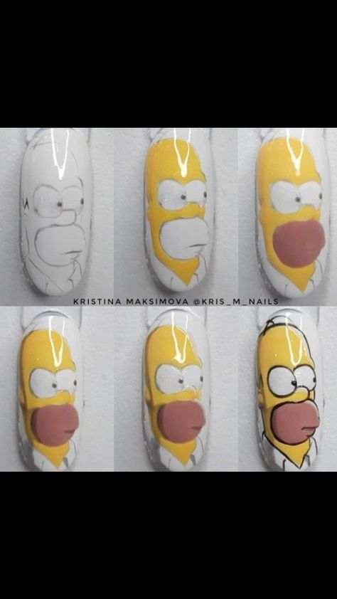 Simpsons Nails Art, The Simpsons Nail Art, Cartoon Nail Designs Step By Step, The Simpsons Nails, Character Nail Art Step By Step, Simpsons Nails, Short Almond Nail Designs, Easter Nails Ideas, Hand Drawn Nail Art