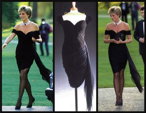 The "Revenge Dress", a  black silk that Diana wore to the Serpentine Gallery’s summer party, hosted by Vanity Fair in June 1994. The stunning gown was created by Greek fashion designer Christina Stambolian, three years prior to this outing, but Diana worried that it was too daring. On this evening, though, it seemed the perfect choice. It was the same night that her former husband, Prince Charles, admitted in a TV interview that he had been unfaithful to her with Camilla Parker-Bowles. The Revenge Dress, Princess Diana Black Dress, Black Revenge Dress, Princess Diana Revenge Dress, Revenge Dress, Gothic Prom, Diana Williams, The Revenge, Princess Diana Fashion