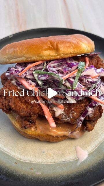 Dahlenie | Salt & Grind ✨ on Instagram: "Buttermilk Fried Chicken Sandwich 🔥🤤 ✨ Recipe below ⬇️ Save for later ✨ Purple cabbage tip: thinly slice cabbage & let it sit in ice water. This will reduce the bitter taste but keep its crunch. Ingredients: Boneless Chicken thighs Banana peppers Brioche bread Slaw Ingredients: 2 c Purple cabbage (thinly sliced) 1 c shredded carrots 2 green onions (sliced) 2 garlic cloves (grated) 1/2 c mayo 1 tbsp sour cream 2 tbsp apple vinegar 1 tsp sugar 1 tsp salt Buttermilk marinade: 2-3 cups buttermilk 1/2 tbsp kosher salt 1/2 tbsp paprika 2 tsp dried mustard 2 tsp pepper 2 tsp garlic powder 2 tsp onion powder 1 tsp cayenne pepper 1 tsp chili powder 1 egg 1/4 c of hot sauce (Louisiana, red hot etc) Seasoned dry batter: 1 1/2 c flour 1/2 c Buttermilk Fried Chicken Sandwich, Buttermilk Marinade, Banana Peppers, Shredded Carrots, Apple Vinegar, Buttermilk Fried Chicken, Chicken Sandwich Recipes, Fried Chicken Sandwich, Brioche Bread