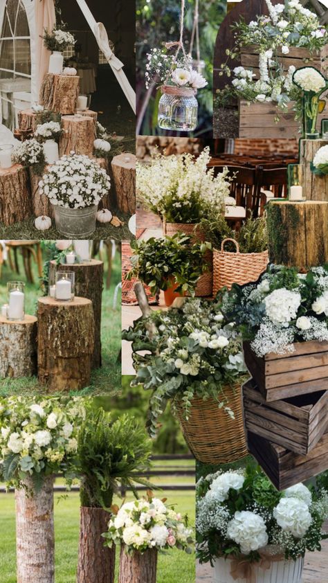 Rustic woodland white and green outdoor wedding decorations White And Green Outdoor Wedding, Outdoor Wedding Decorations, Rustic Wedding Decor, Event Decor, Secret Garden, Garden Party, Outdoor Wedding, Wedding Decor, Rustic Wedding