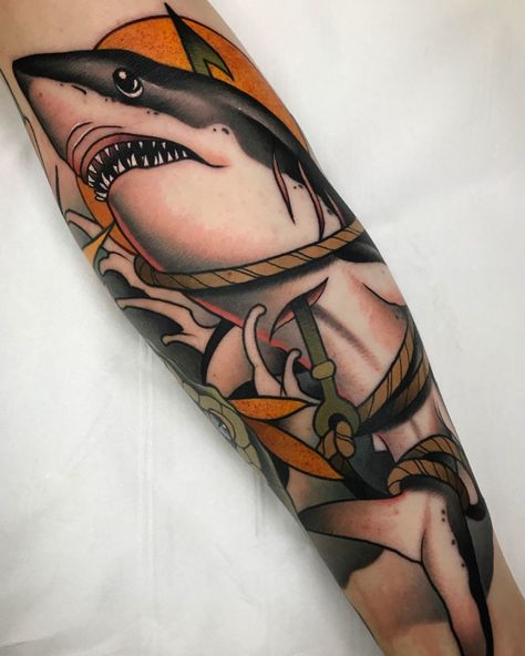 Neo Traditional Shark Tattoo, Shark Tattoo Men, Shark Tattoo Meaning, Traditional Shark Tattoo, Hai Tattoo, Shark Tattoo, Paintings Ideas, Neck Tattoo For Guys, Shark Tattoos