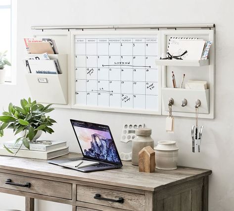 Put Up a Wall Mount System Decorative Whiteboard, Office Wall Organization, Desk Organizing, Entry Organization, Organization Office, Workspace Ideas, Basement Office, Whiteboard Calendar, Storage Office