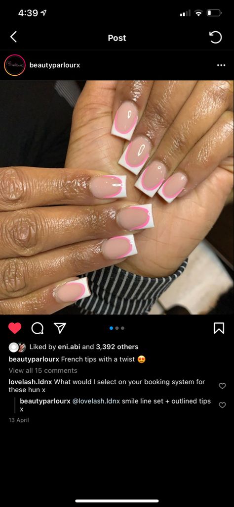 White French Tips With Pink Design, White French Tip With Color Line, Double Lined French Tip, Classy Black Nails, Short French Nails, Colored French Tips, 2023 Nails, White French Tip, French Tip Acrylic Nails