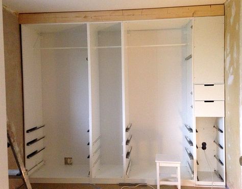 Built-in Pax wardrobe and nightstand - IKEA Hackers Nordli Dresser, Ikea Walk In Closet, Entryway Mudroom Ideas, Nightstand Ikea, Dressing Pax, Bed Hacks, Ikea Wardrobe Hack, Malm Ikea, Dressing Ikea