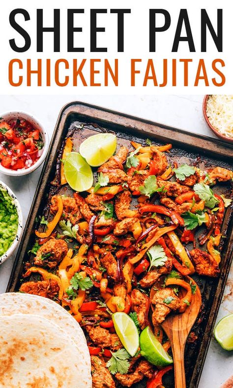 Sheet Pan Chicken Fajitas Chicken Peppers And Onions, Easy Sheet Pan Chicken, Pescatarian Meals, Sheet Pan Chicken Fajitas, Gf Meals, Chicken Peppers, Baked Chicken Fajitas, Sweet Potato Nachos, Med Diet