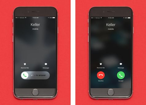 The two different ways you can pick up a call You may have noticed your screen looks two different ways when you're receiving an incoming call. This isn't random; when your phone is unlocked, you can tap the green "accept" or red "decline" button, but if your phone is locked, the geniuses at Apple make you slide right to answer -- that way, you don't accidentally pick up when your phone's in your pocket. Slide To Answer, Phone Is Locked, App Ads, Ux Portfolio, Portfolio Ideas, Iphone App Design, Iphone Design, Conceptual Photography, Little Designs