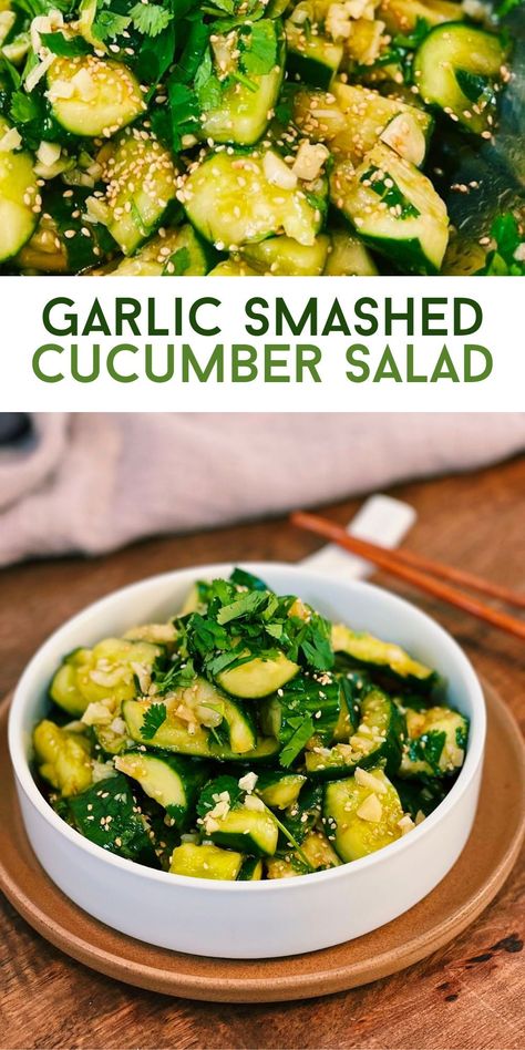 Savory and garlicky smashed cucumber salad is refreshing and pairs perfectly with every meal. Chinese Garlic Cucumber Salad, Cucumber Garlic Salad, Smashed Cucumber Salad Asian, Garlic Cucumber Salad, Smashed Cucumbers, Smashed Cucumber, Smashed Cucumber Salad, Tiffy Cooks, Healthy Asian Recipes