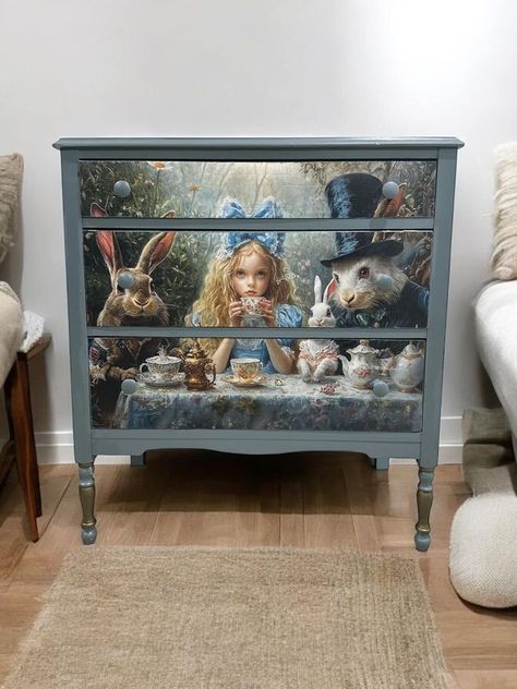 World of Furniture Transfers, Decoupage, Stencils, Stamps and Moulds | Newest Alice project completed | Facebook Decoupage Furniture Ideas, Dragonfly Crafts, Dragon Fly Craft, Furniture Transfers, Wild Rice, Decoupage Paper, Redo Furniture, Stencil Painting, Alice In Wonderland