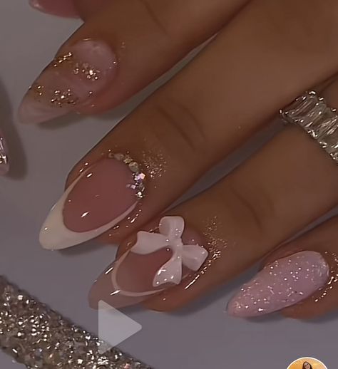 Charm Nails Almond, Hoco Almond Nail Ideas, Xv Pink Nails, Pink Glitter Aesthetic Nails, 15 Birthday Nails Ideas, Hoco Nail Ideas Pink Dress, Pink Quince Nails Short Simple, Almond Nails Designs Medium Length, Hoco Nails Short Almond