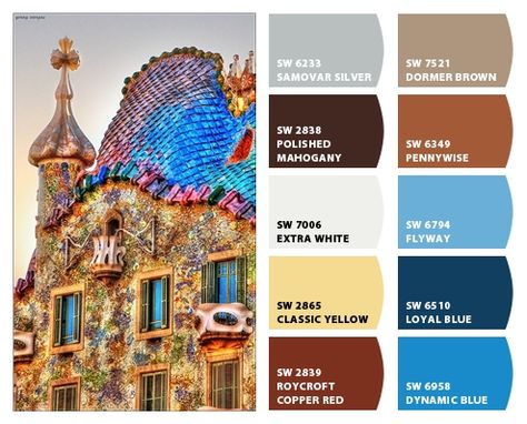 Casa Batllo in Barcelona.   Paint colors from Chip It! by Sherwin-Williams Antoni Gaudi, Copper Red, Sherwin Williams, Paint Colors, Color Schemes, Color Palette, Barcelona, Paint, Architecture