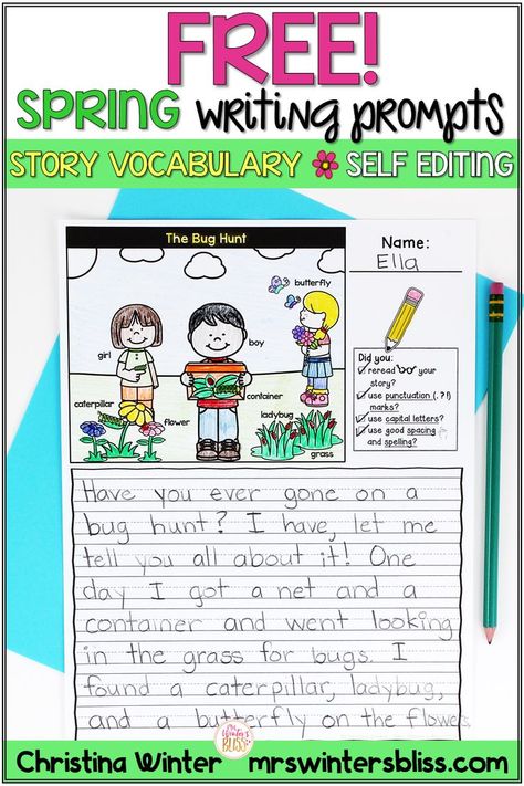 Free writing prompts for elementary kids. These fun picture prompts include story vocabulary and self editing checklists to support kindergarten, first grade, and second grade writers. Since they are easy to prep, they are a classroom teacher’s favorite resource! #writingprompts #freewritingprompts #writingpictureprompts Spring Vocabulary Words, Writing Picture Prompts, Summer Writing Prompts, Spring Writing Prompts, Spring Vocabulary, Self Editing, Free Writing Prompts, Picture Diary, Spring Writing