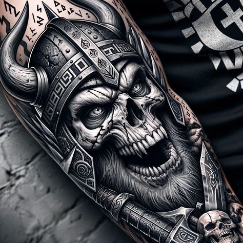 Thor Mjolnir Tattoo, Skull Warrior Tattoo, Berserker Tattoo Vikings, Viking Skull Tattoo Design, Norse God Tattoo, Viking Skull Tattoo, Berserker Tattoo, Mjolnir Tattoo, Odin Tattoo