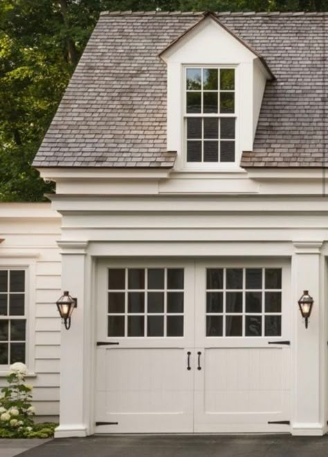 White Garage Exterior, Yellow Garage Door, Garage Add On, Side Garage Driveway, Garage Exterior Makeover, Garage Doors White House, Garage Behind House, Garage In Front Of House, Over Garage Addition