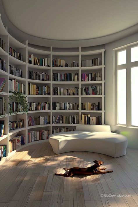 House Design Library, Home Library With Glass Doors, Floor To Wall Bookshelf, Round Room Ideas, Interior Library, Corner Shelves Library, Round Library, Modern Library Aesthetic, Round Room Interior Design