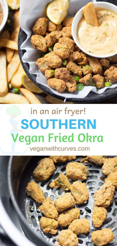 Vegan Black Eyed Peas, Air Fried Okra, Vegan Cajun, Po Boy Sandwich, Quick Appetizer, Vegan Soul Food, Fried Okra, Homemade Cajun Seasoning, Vegan Fries