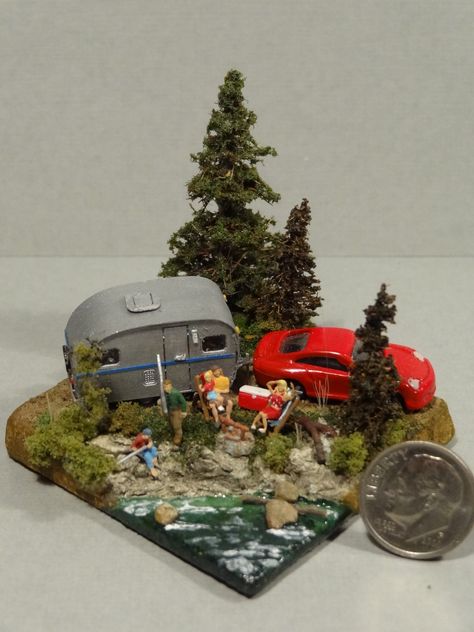 N-Scale Camp Site Diorama - Front View: Camping Diorama, Lake Diorama, Car Diorama Ideas, Beach Diorama Scene, Miniature Camping Scene, Oregon Trail Diorama, Car Diorama, Diorama 1:64, Camp Site