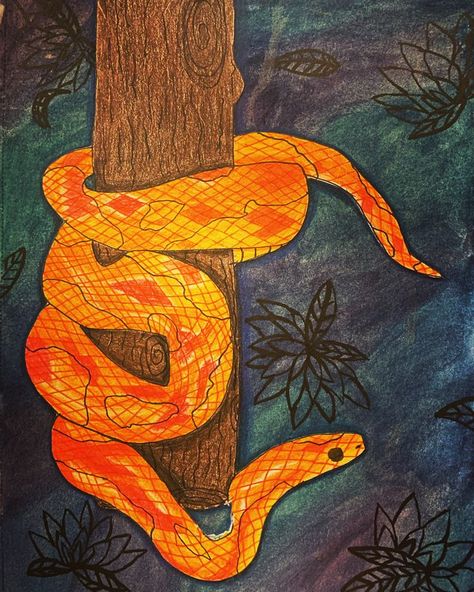 This piece is a snake that is various shades of orange and yellow on a tree branch, and the background is a blend of blue and purple with black flower silhouettes. Snake On Tree, Snake Painting, Snake In The Grass, Branch Art, Collage Art Projects, Tree Drawing, Art Lesson Plans, The Snake, Tree Branch