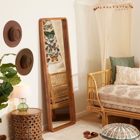 Natural Wood Leaning Full Length Mirror - World Market Beachy Full Length Mirror, Diy Full Length Mirror Ideas, Self Love Mirror, Reflection Fashion, Full Length Mirror In Bedroom, Wood Full Length Mirror, Minimalist Mirrors, Vibe Bedroom, Floor Length Mirror